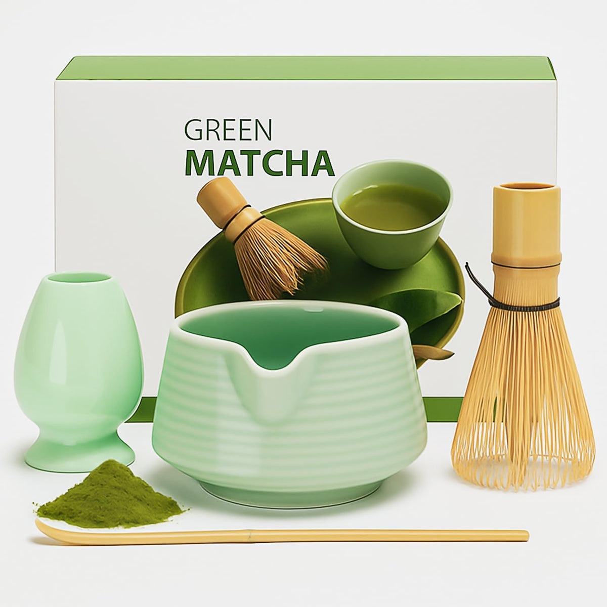 Matcha Whisk Set - 4PCS Matcha Set Includes Matcha Bowl with Spout, Matcha Whisk Holder, Bamboo Whisk and Bamboo Scoop, Ceramic Matcha Kit