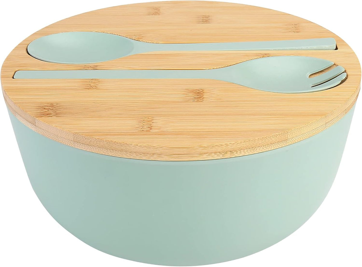 ShineMe Large Salad Bowl with Lid, Salad Serving Bowl Set with Utensils, 9.8inches Mixing Bowl with Servers, Solid Bamboo Wooden Bowl for Salad, Fruits, Vegetables and Pasta(elegant green)