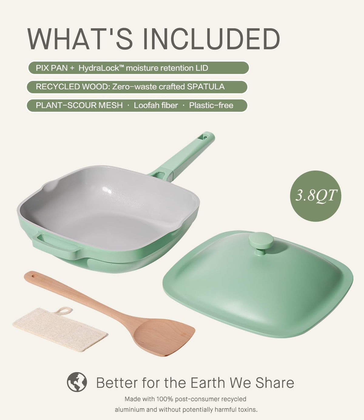 10.5 Inch(3.8QT) Deep Frying Pan,Non Stick Frying Pans Cast Aluminum,Ti-Ceramic Non Toxic Pix Pan with Lid,Natural Wooden Spatula and Loofah Scrubber-Mint Haze