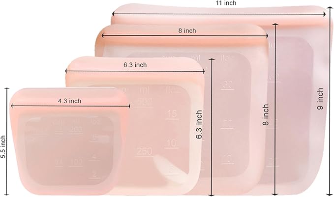 purifyou Set of 4 Reusable Silicone Storage Snack Bags 6oz / 16oz / 32oz / 64oz Self-Seal Food Storage Container for Fruits, Vegetables, Sandwiches, Dishwasher Safe & Leak-free (CloudPink)
