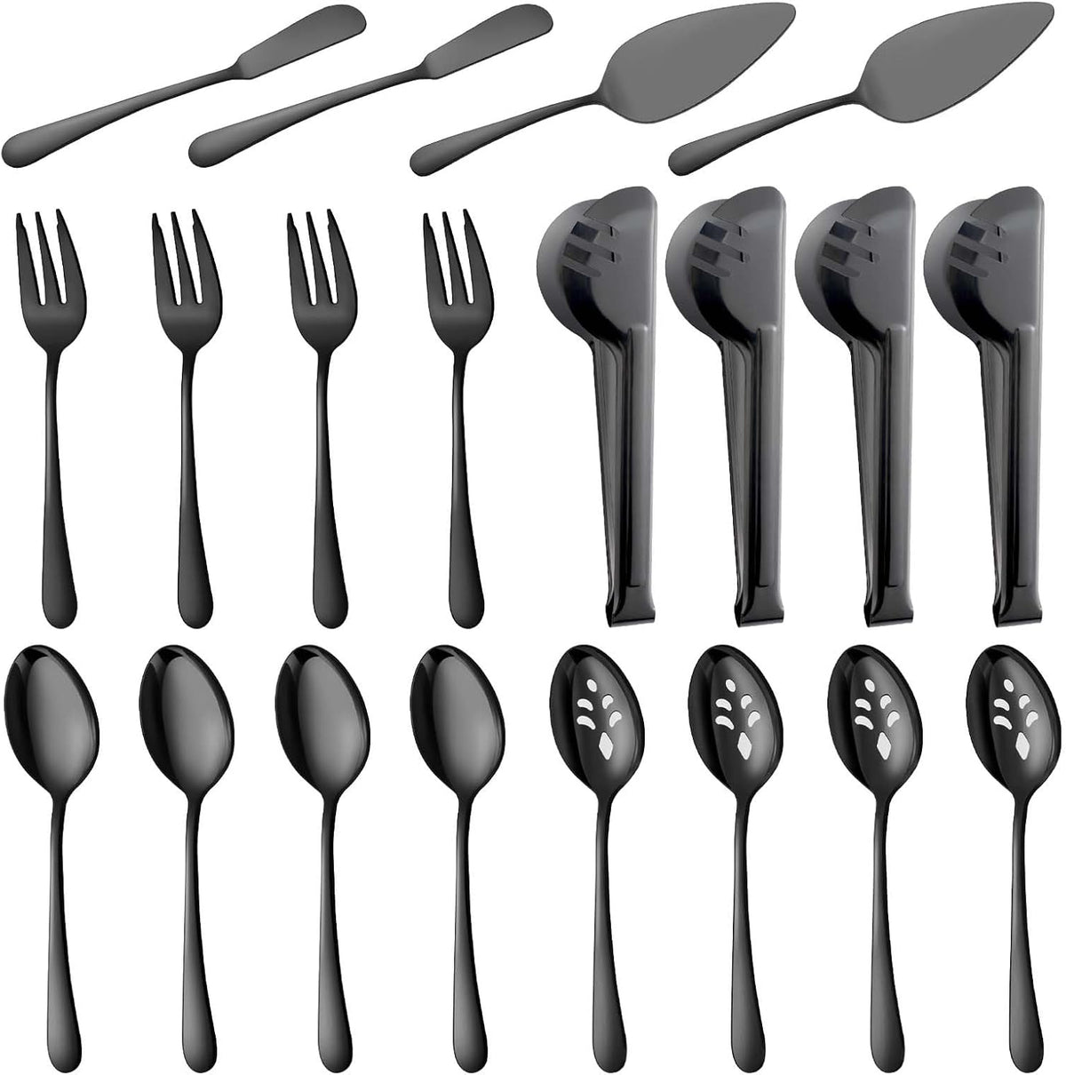 BEWOS Black 20-Piece Serving Set, Black Slotted Spoons & Tongs, Forks, Cake Server & Butter Knife, Stainless Steel, Dishwasher Safe