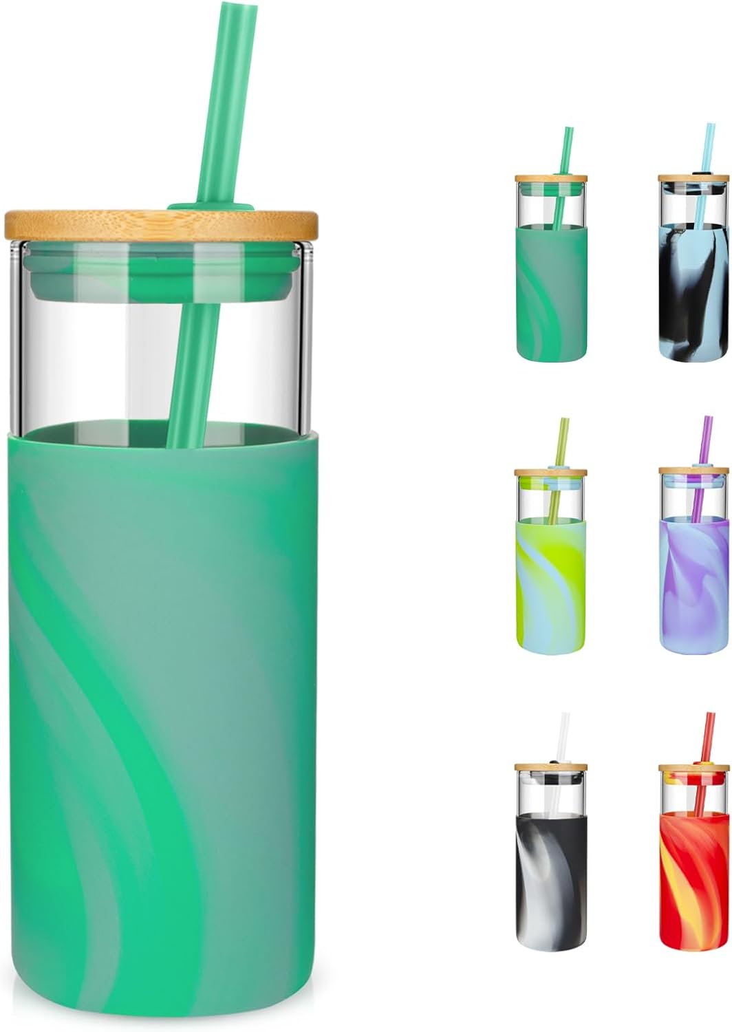 Tronco 20 oz Glass Tumbler with Straw and Lid- Glass Cup with Lid and Straw, Iced Coffee Cup Reusable, Smoothie Cups, Bamboo Lid and Protective Silicone Sleeve - BPA-Free