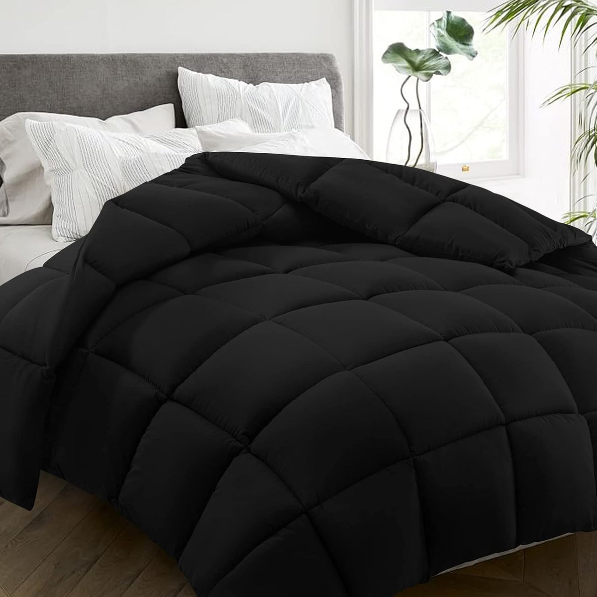 HYLEORY All Season California King Size Bed Comforter - Cooling Down Alternative Quilted Duvet Insert with Corner Tabs - Winter Warm - Machine Washable - Black,Cal King(96*104)