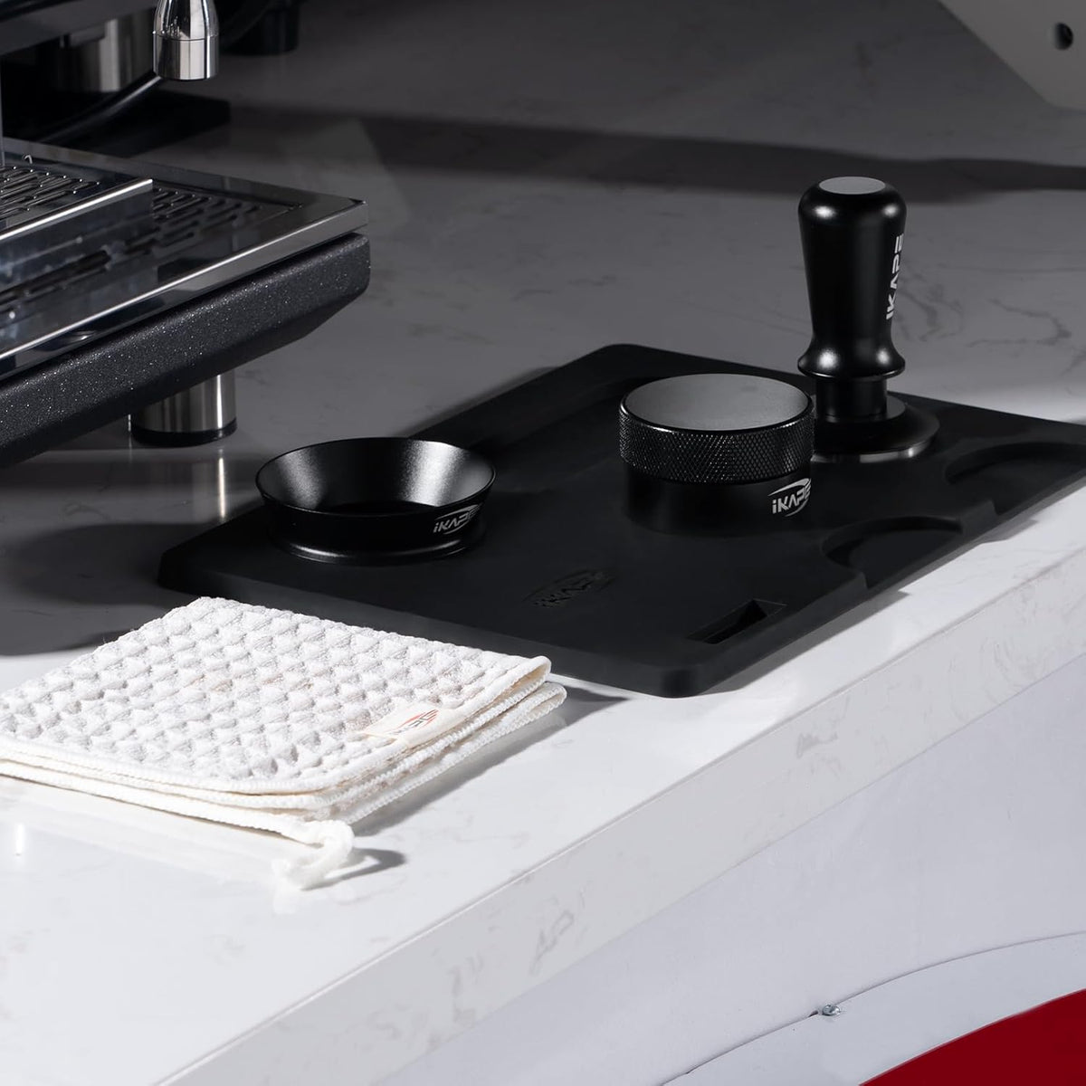 IKAPE 53.3MM Espresso Tamper Kit Black 6 IN 1, Espresso Tool Kit with Coffee Tamper, Distributor, Magnetic Dosing Funnel, Silicone Mat, Puck Screen, Cleaning Towel
