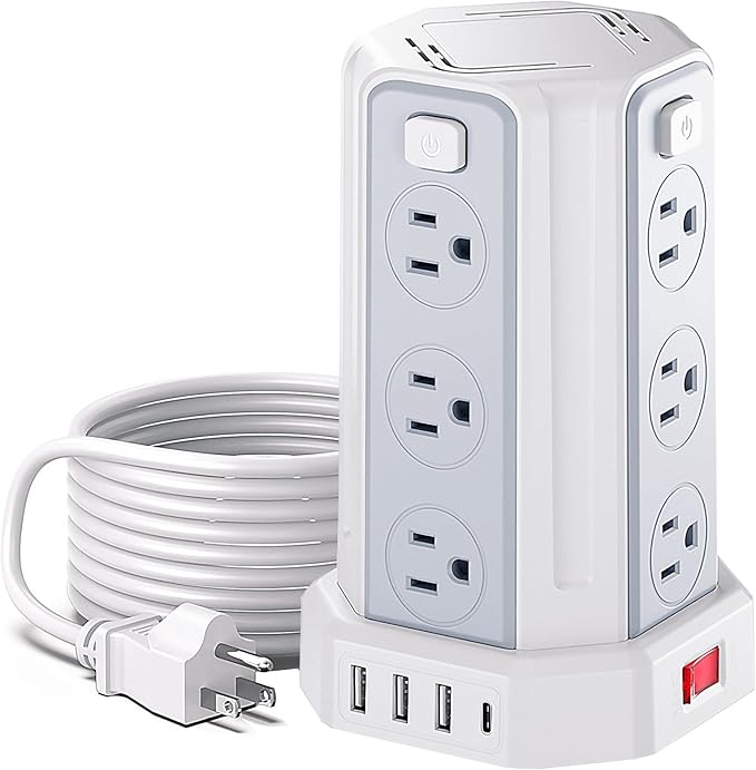 Power Strip Surge Protector, 10 Ft Extension Cord with 12 AC Multiple Outlets 4 USB (1 USB C), SMALLRT Power Tower Desktop Charging Station (White, 6.5 FT)
