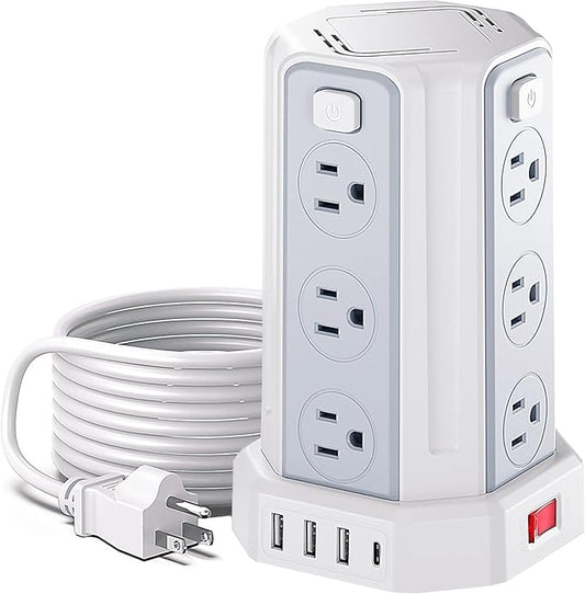 Power Strip Surge Protector, 10 Ft Extension Cord with 12 AC Multiple Outlets 4 USB (1 USB C), SMALLRT Power Tower Desktop Charging Station (White, 6.5 FT)