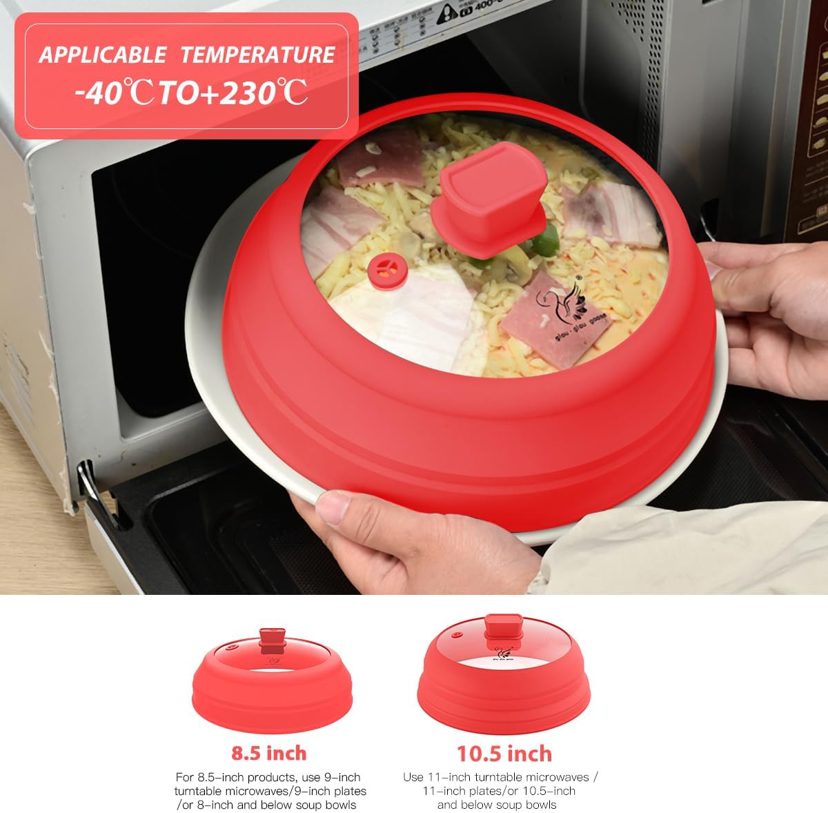 Microwave Splatter Cover Glass Splatter Guard Lid with Collapsible Silicone for Food Plate Cover 9 inch Red