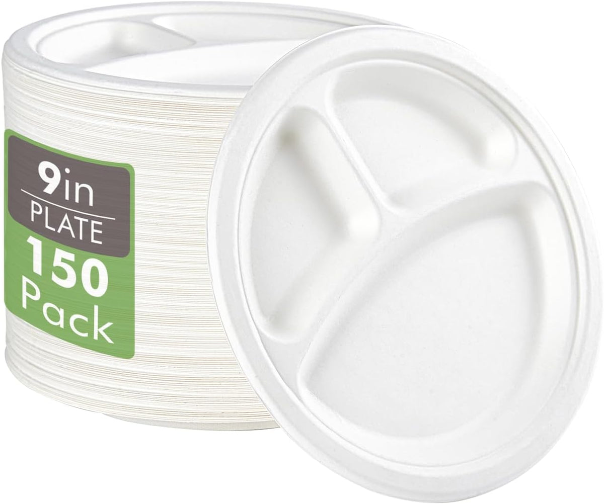 Vplus 100% Compostable Paper Plates, 150 Pack 9 Inch 3 Compartment Plates Disposable, Heavy Duty Biodegradable Plates Made of Sugar Cane Fibers, for Daily meals, Dinner, Parties, BBQ