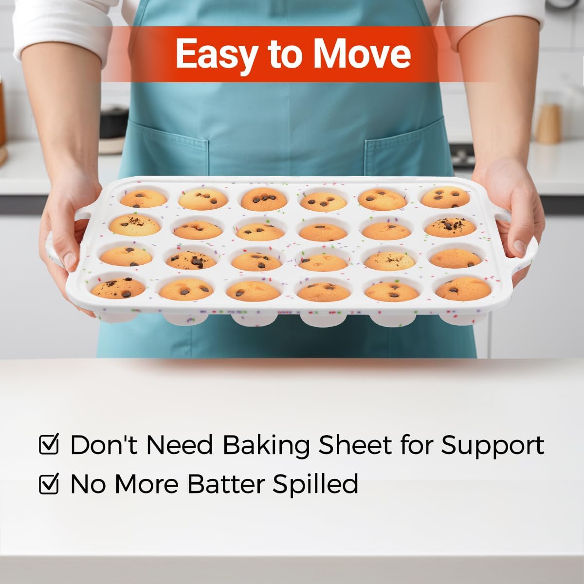 CAKETIME Mini Muffin Pan,Metal Reinforced Frame Silicone Cupcake Pan，Easy To Handle Nonstick 24 Cups Small Muffin Pan, White