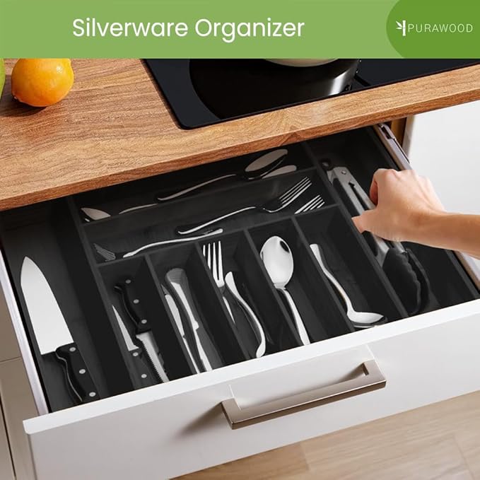 Purawood Bamboo Drawer Organizer - Expandable Silverware Organizer & Utensil Organizer, Cutlery Tray with Dividers, 7-9 Slots - Premium Kitchen Drawer Organizer for Utensils & Flatware (Black)