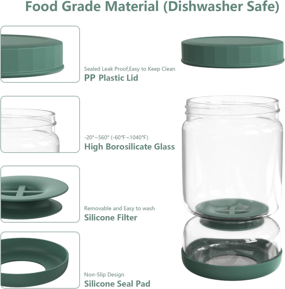 Luvan Glass Pickle Jar, 34oz Pickle Container with Strainer, LeakProof Kraut and Olive Hourglass Jug, Olive Jar with Airtight Lid, Multifunction Jalapeno Container, Gherkin Flip Jar for Fridge