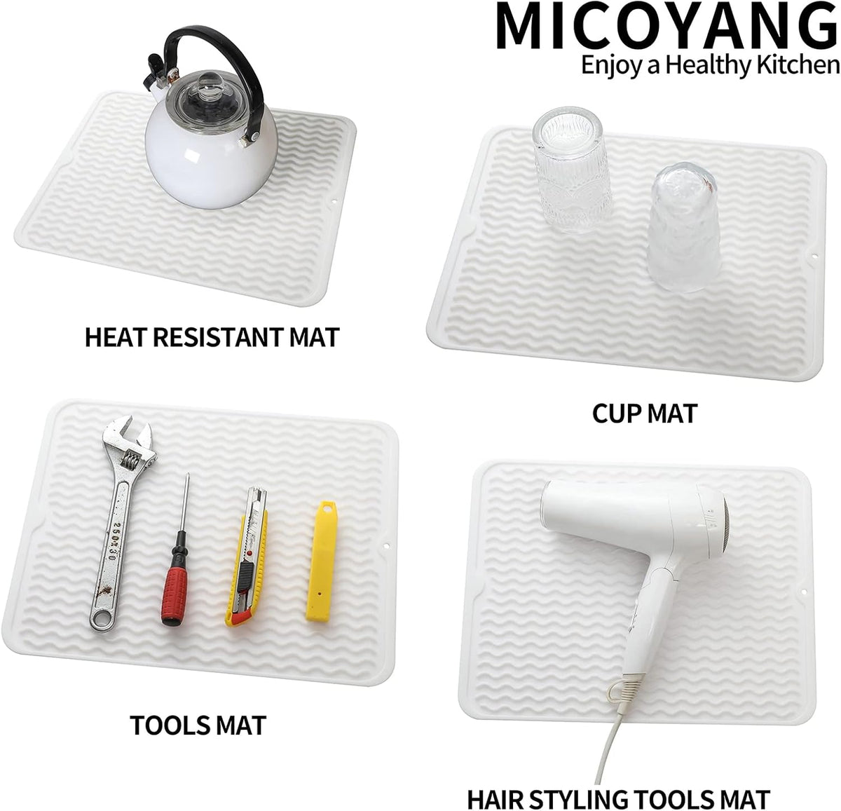 Silicone Dish Drying Mat for Multiple Usage,Easy clean,Eco-friendly,Heat-resistant Silicone Mat for Kitchen Counter or Sink,Refrigerator or drawer liner White L 16 inches x 12 inches