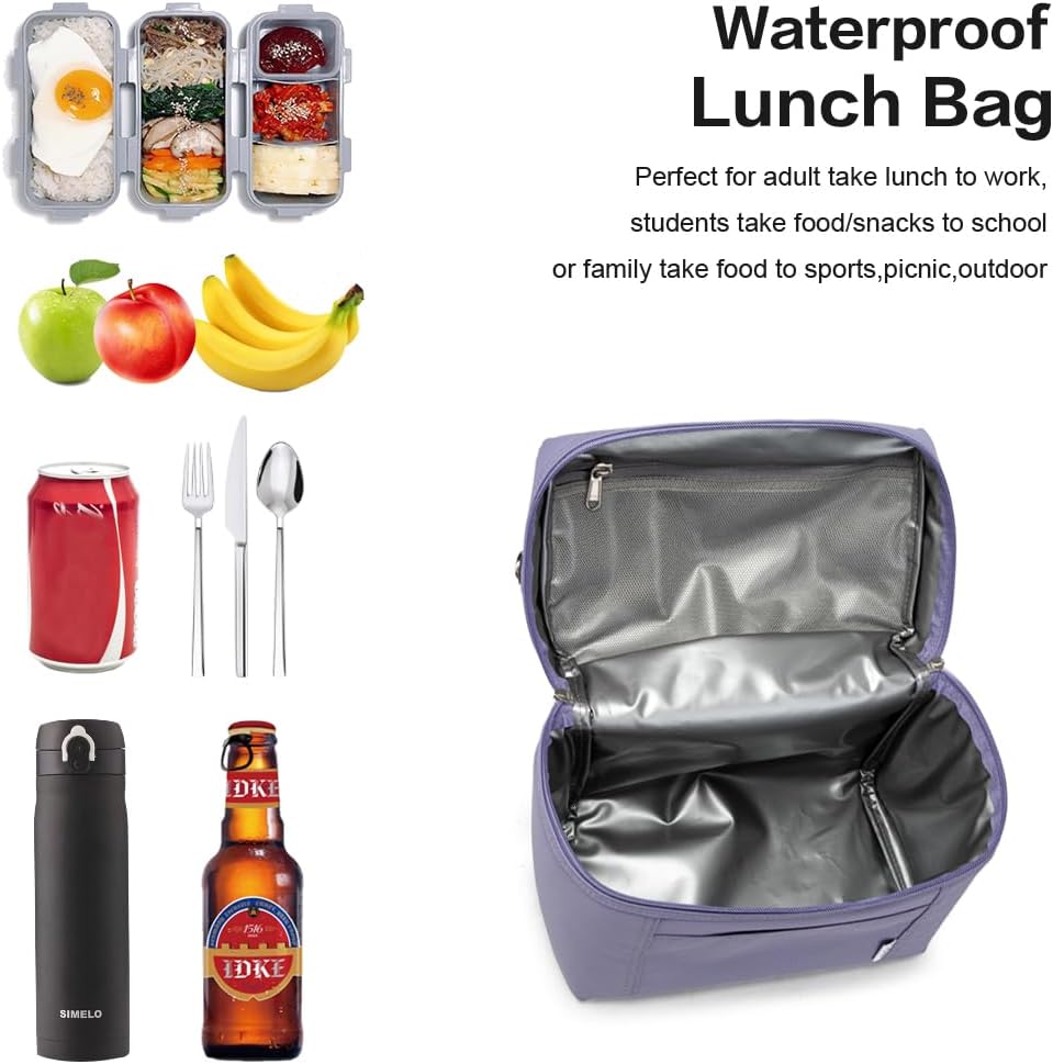NOL Natural Organic Lifestyle Insulated Lunch Bags for Women Cooler Bag Lightweight Nylon Waterproof Lunch Box For Work (Light purple, Medium(normal))
