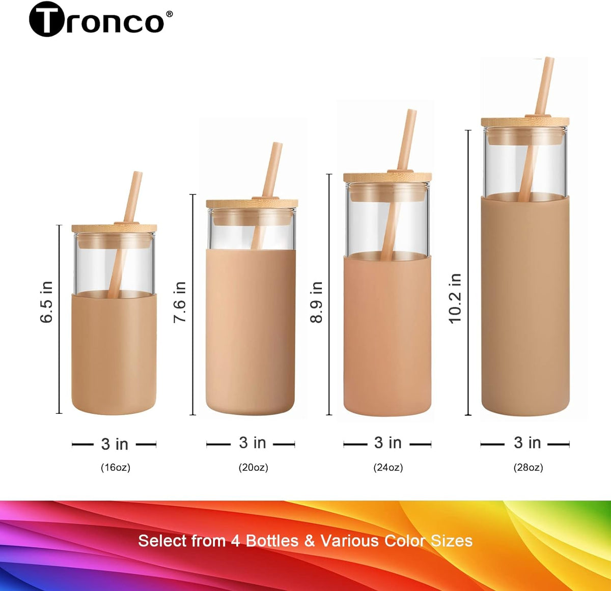Tronco 24 oz Glass Tumbler with Straw and Lid - Glass Cup with Lid and Straw, Smoothie Cup, Iced Coffee Cup - Bamboo Lid and Protective Silicone Sleeve - BPA-Free