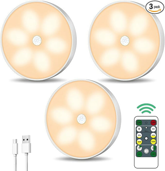 Warm Color LED Closet Lights Wireless Motion Sensor Step Light, USB Rechargeable Battery Operated Puck Lights with Remote, Dimmable Under Cabinet Counter Lighting for Wardrobe Kitchen (3 Pack)