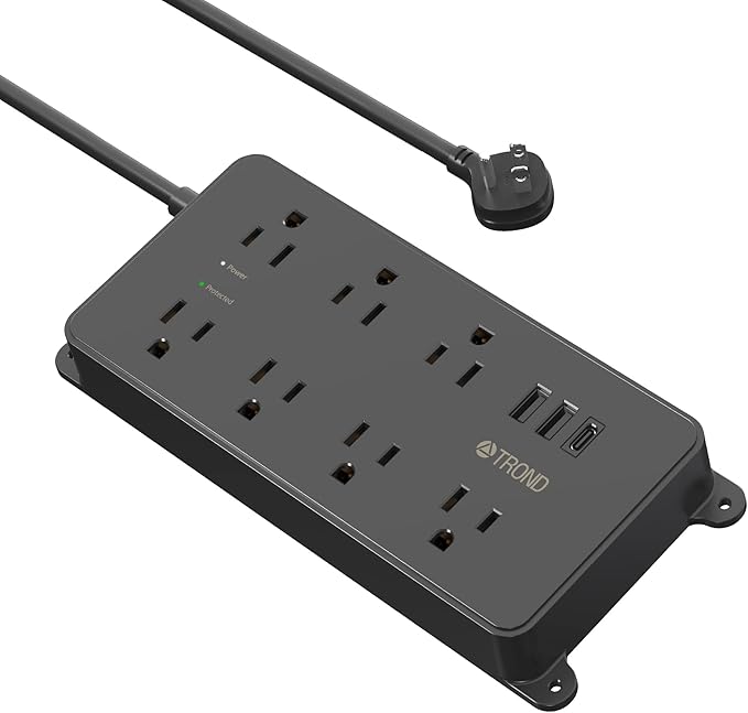 TROND Power Strip Surge Protector, 7 Widely-Spaced Outlets, 2 USB-A & 1 USB-C, ETL Listed, Flat Plug 5ft Extension Cord, Wall Mountable, 1700J, 14AWG Heavy Duty, for Home Office Garage, Black