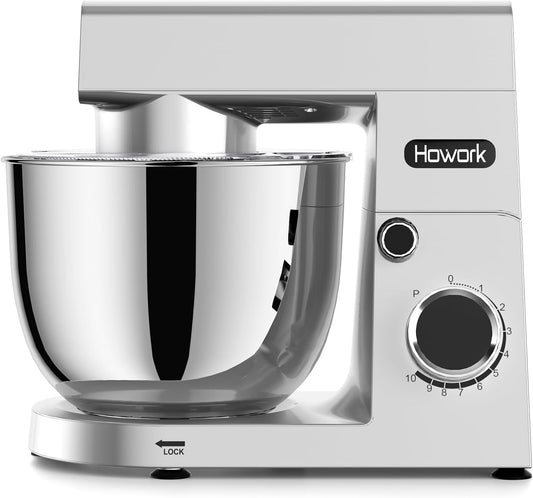HOWORK Stand Mixer,10+p Speeds With 5.5QT Stainless Steel Bowl,Dough Hook, Wire Whip & Beater,for Most Home Cooks,Silver