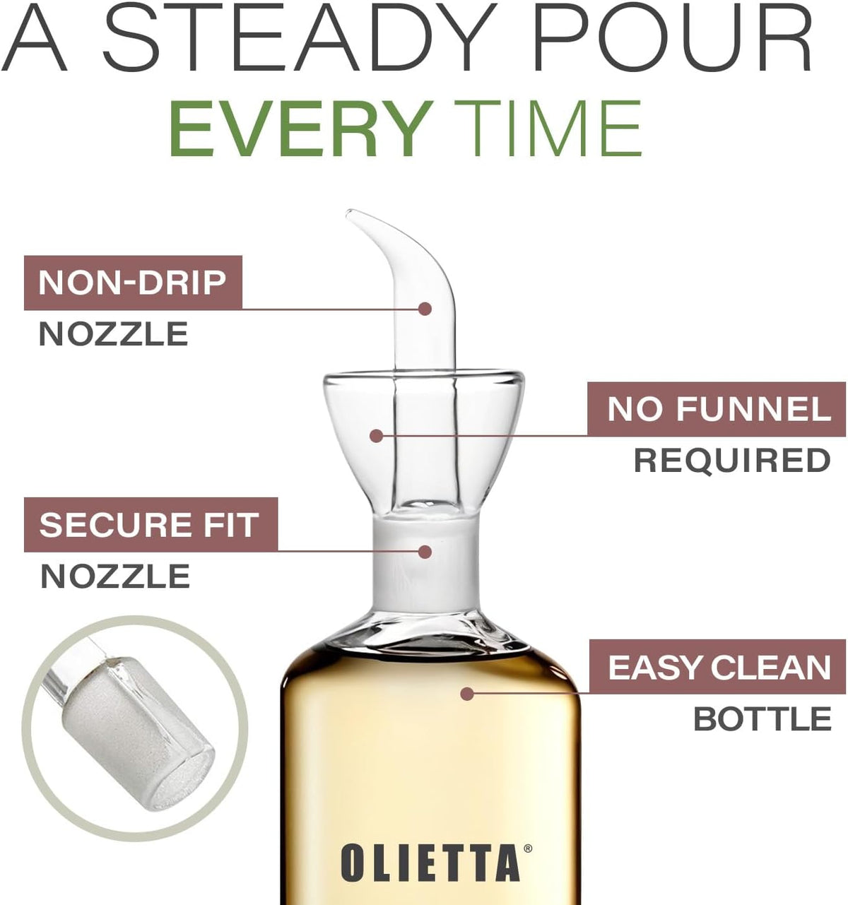 Olive Oil Dispenser Bottle Olietta Borosilicate Glass - 8.5 oz 250ml Non Drip Dispenser - Leak Proof Pourer Vinegar Drizzler Cruet - Easy Clean Drip Free Bottles for Kitchen