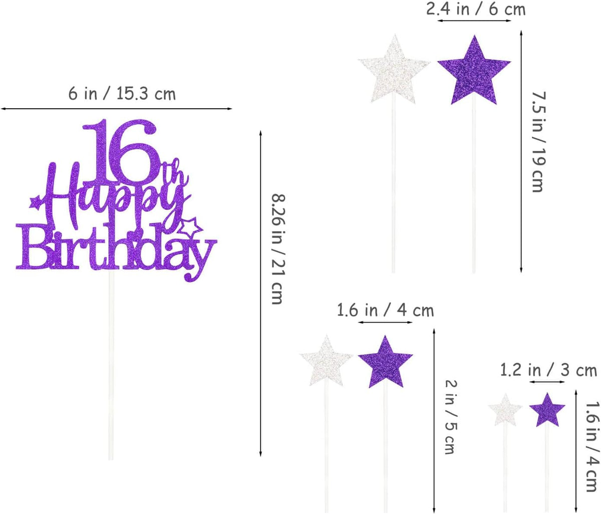 Glittery 16th Happy Birthday Cake Topper with Star,Personalised 16 Birthday Cake Toppers Party Decorations Party Supplies for Boys Girls Purple Silver