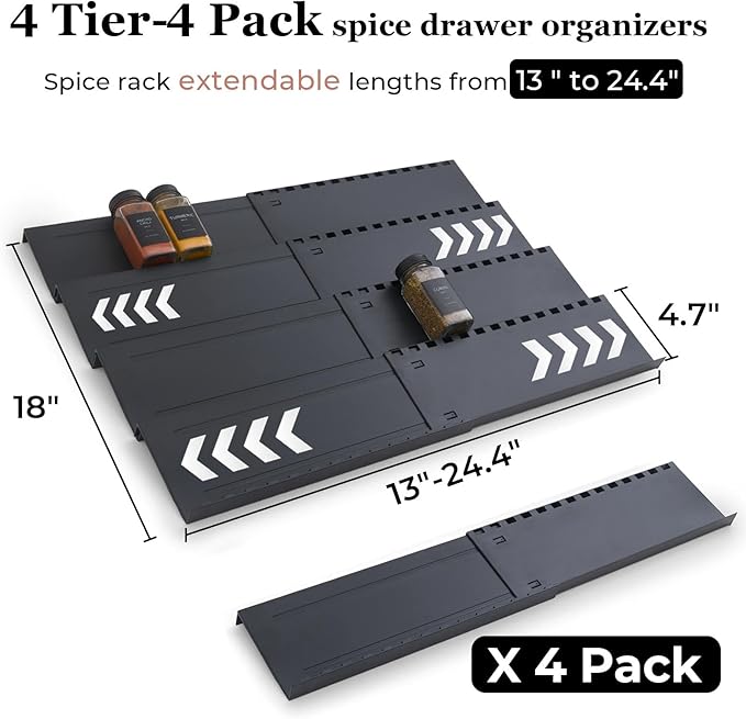 4-Tier Spice Drawer Organizer - 4 Pack Expandable Seasoning Rack (13" to 24.4") for Kitchen Drawers, Organization Insert Tray (Jars Not Included)