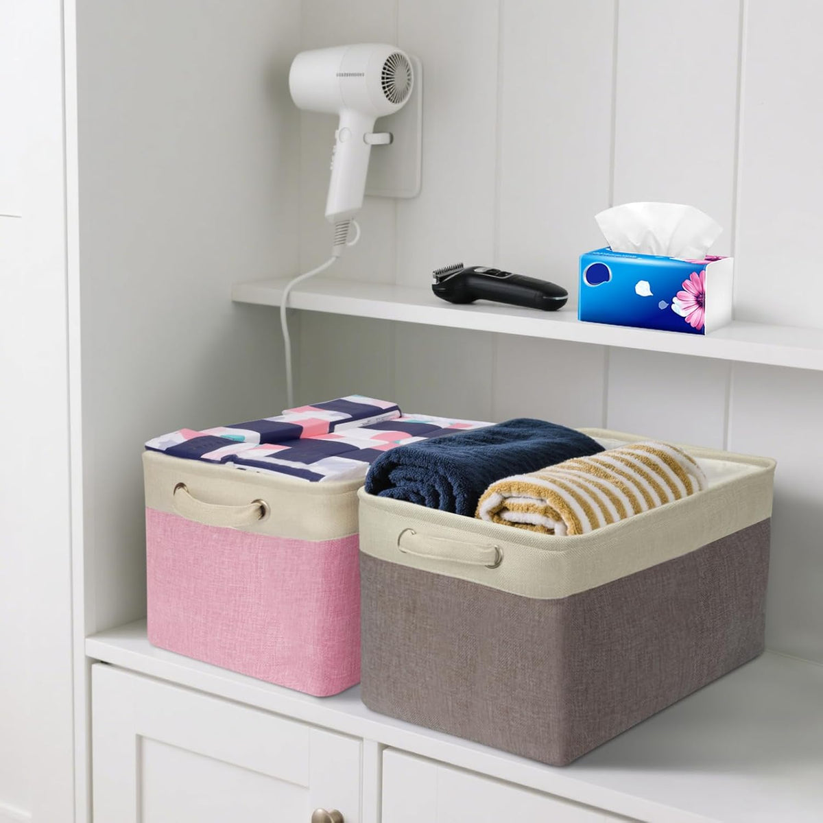 BALEINE 2 Pack Fabric Storage Bins for Shelves, Linen Storage Baskets for Organizing, Decorative Closet Bins for Clothes, Home (Brown, 15"x11"x9.5") ﻿