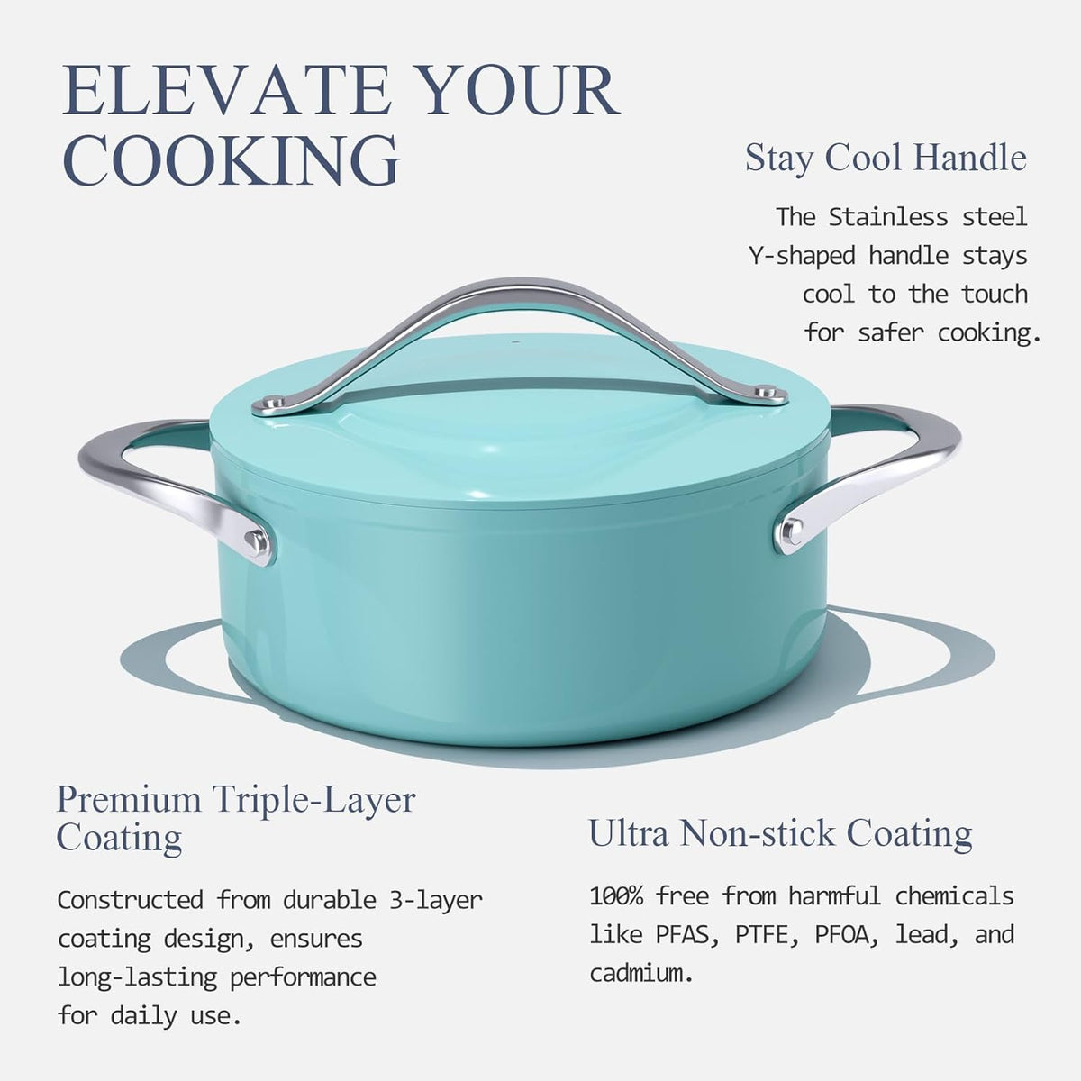 Stock Pot 4.5qt Dutch Oven with Lid (9.5") Nonstick Ceramic Coated Non-Toxic PFAS-Free Even Heat Distribution for Braising, Baking Bread & Soups, Compatible for All Cooktops(Induction/Gas/Electric) Oven Safe to 500°F (Caribbean Blue)