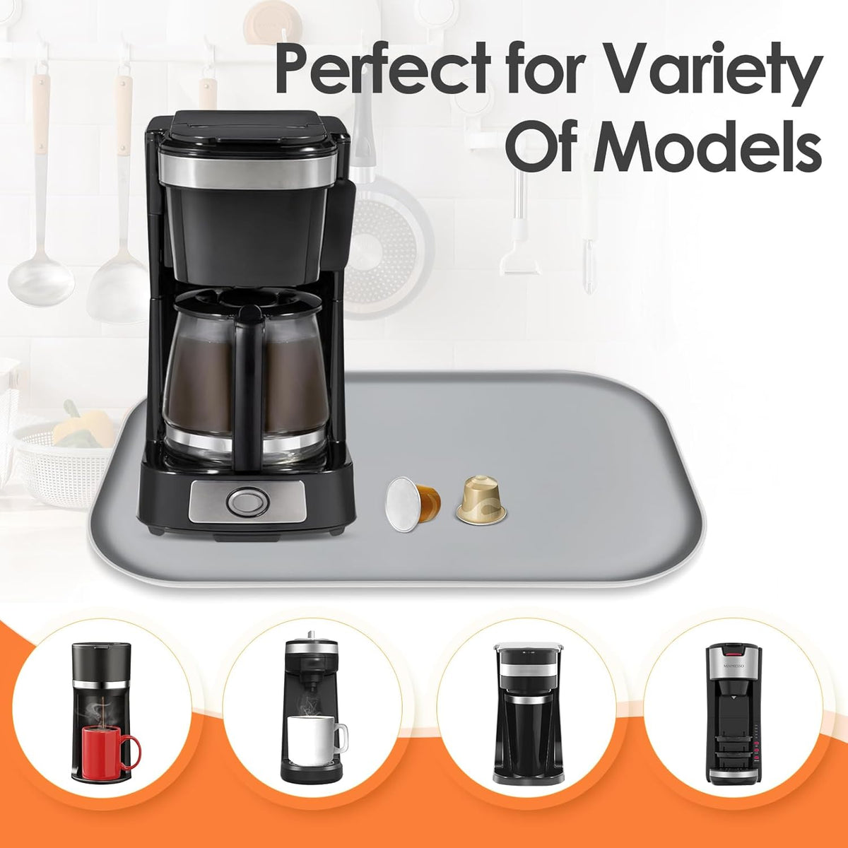 TOHONFOO Silicone Coffee Maker Mat with Lip, 17.4'' x 10.6'' Heavy Duty Coffee Maker Mat for Countertops, Coffee Tray Fit Under Coffee Machine Appliance Automatic Machines Espresso Accessory, Grey