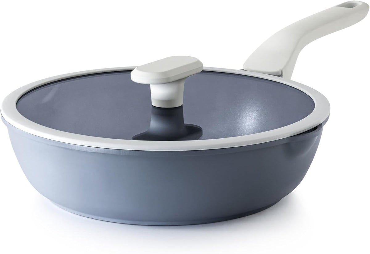 Ceramic Nonstick Deep Saute Pan with Lid, 10 Inch/3.2 QT Non Toxic Pans with Double Pour Spout, Helper Handle and Lid, Metal Utennsil Safe, Dishwasher Safe, (Gray)