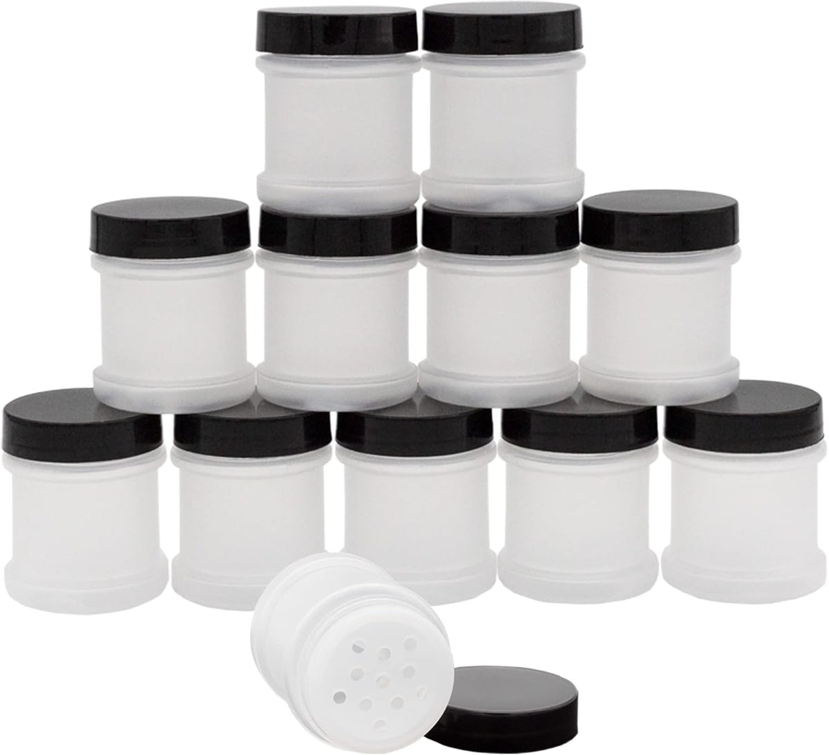 Cornucopia Brands Mini Plastic Spice Jars w/Sifters (12-Pack, Black); 2 Tablespoon Capacity (1 Fluid Ounce) Spice Bottles for Travel, Glitter, Gifts, Favors