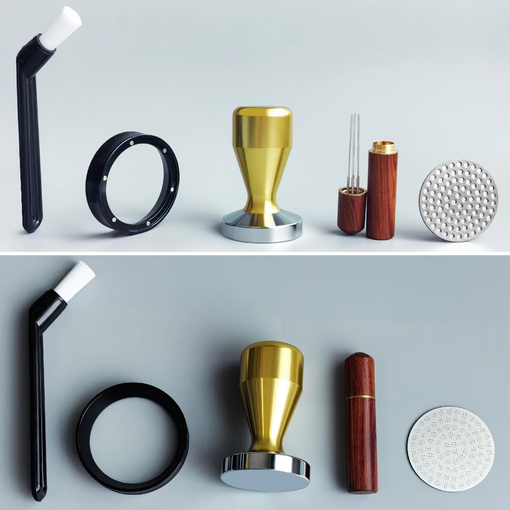 51mm Espresso Tamper Set, 5PCS Coffee Tamper Kit with WDT Tool, Coffee Stirrer, Dosing Funnel, Puck Screen 51mm Espresso Accessories Tampers Kit (Gold)