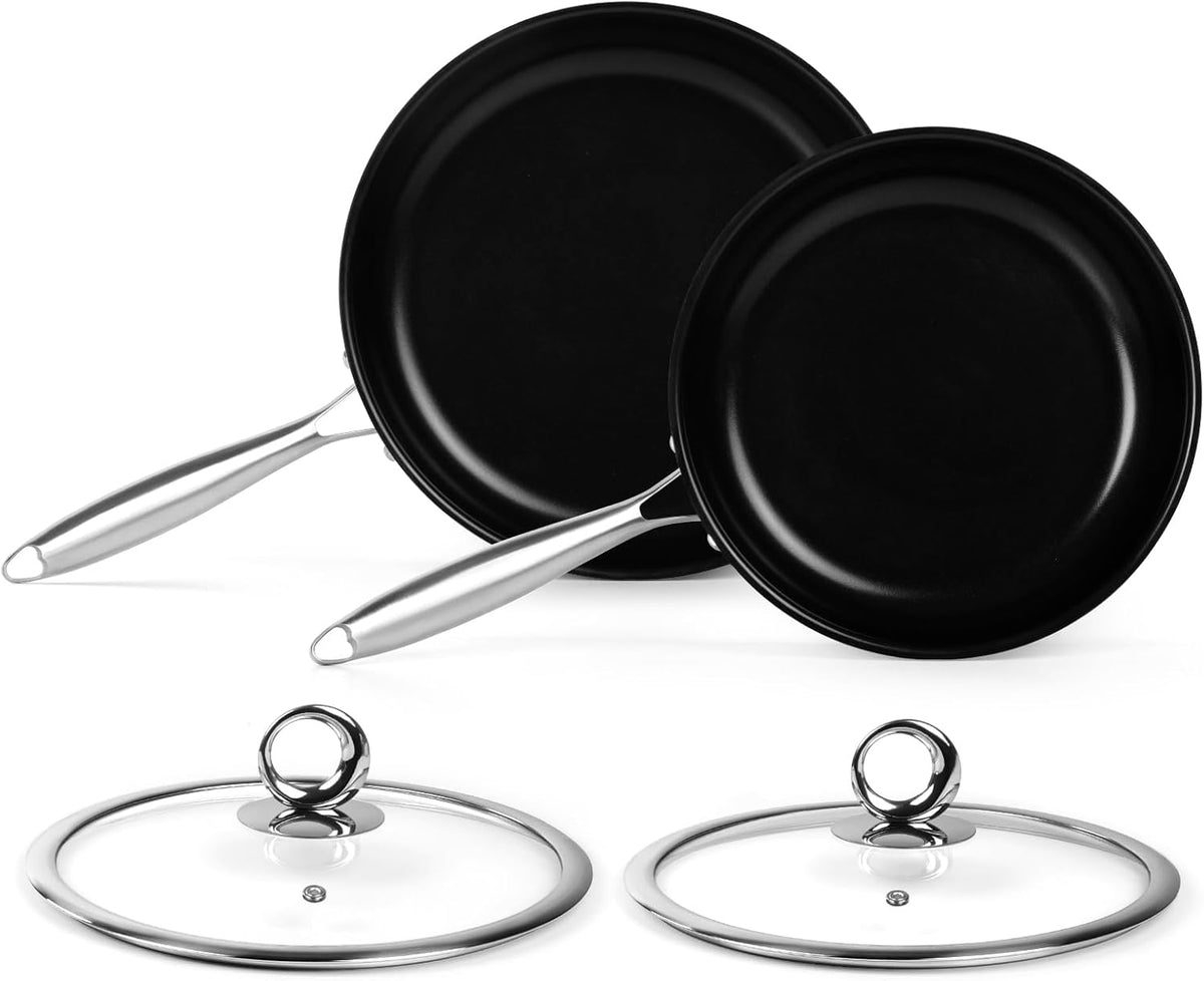 Stainless Steel Frying Pan Set, Titanium Ceramic 10” and 12” Non Stick Frying Pan Skillet Set with Lids, No Toxic Nonstick Egg Omelet Cooking Pan Set, Induction Compatible, PFAS&PTFE Free