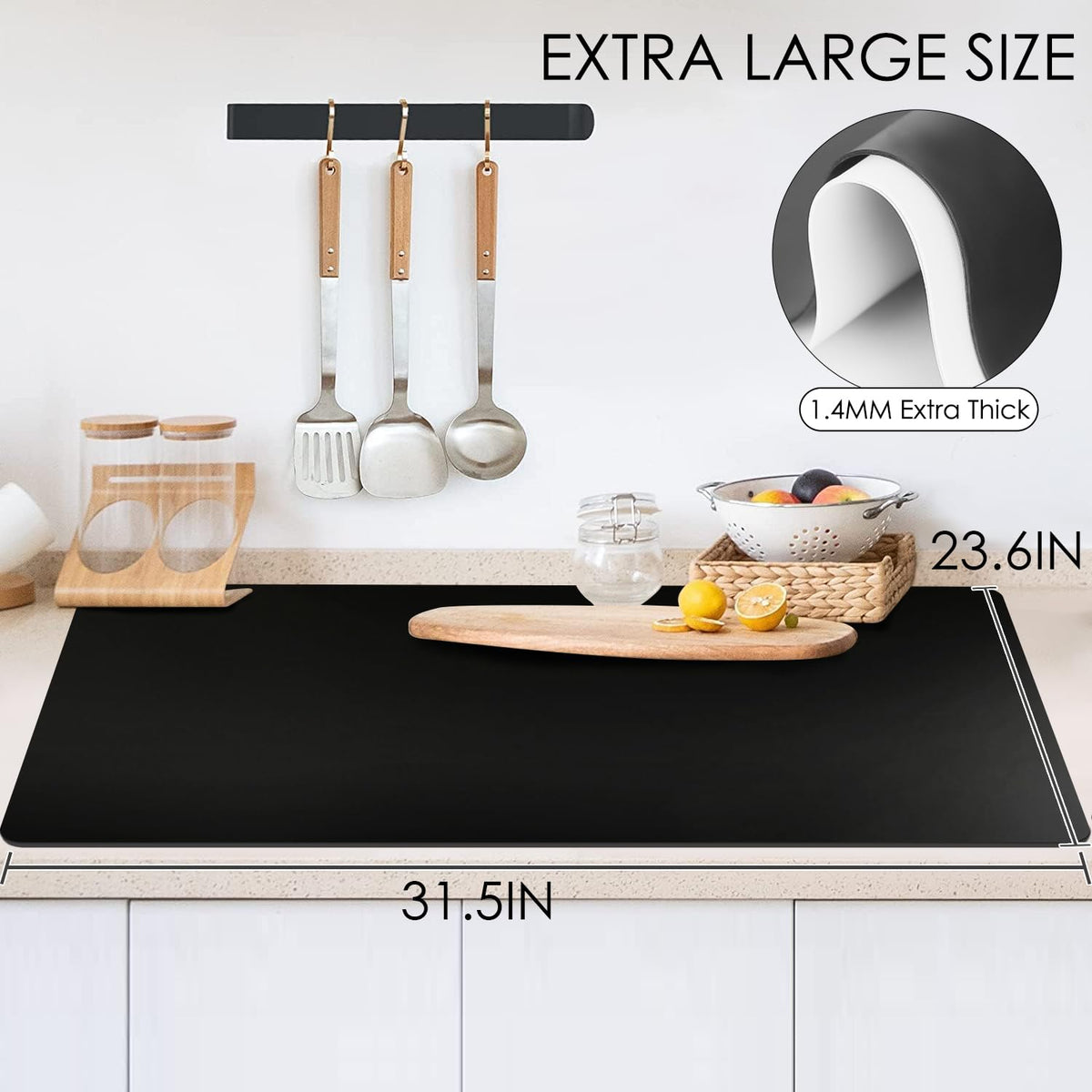 Extra Large Silicone Mat, 31.5x23.6 Large Silicone Placemats for Kids, Heat Resistant Mat for Kitchen Counter, Non Stick Silicone Table Mat for Dough and Pastry, Silicone Craft Mat for Kids, Black