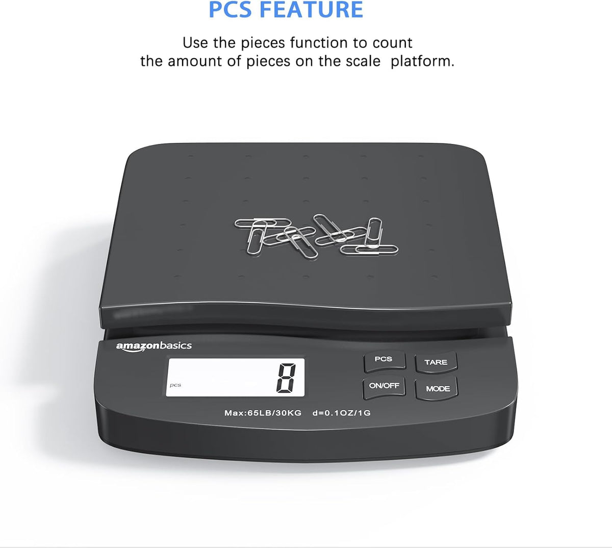 Amazon Basics Digital Postal Scale, AC Adapter, 65 lb Capacity, 0.1 oz Readability, Black