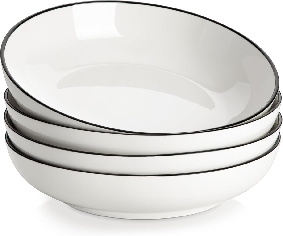 MALACASA 8.85" Large Pasta Bowls, 42 OZ White Salad Bowls Soup Bowls, Porcelain Serving Bowls Set of 4, Ivory White & Black Rim, Microwave & Dishwasher Safe, Series REGULAR