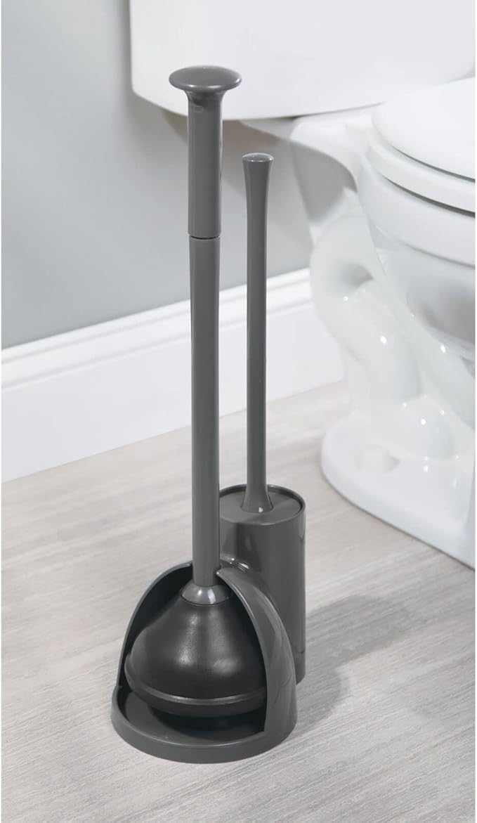 mDesign Hidden Plunger and Brush Set for Toilet Bowl - Combo with Holder Caddy - Modern Toilet Brush and Plunger Set - Aura Collection - Charcoal Gray