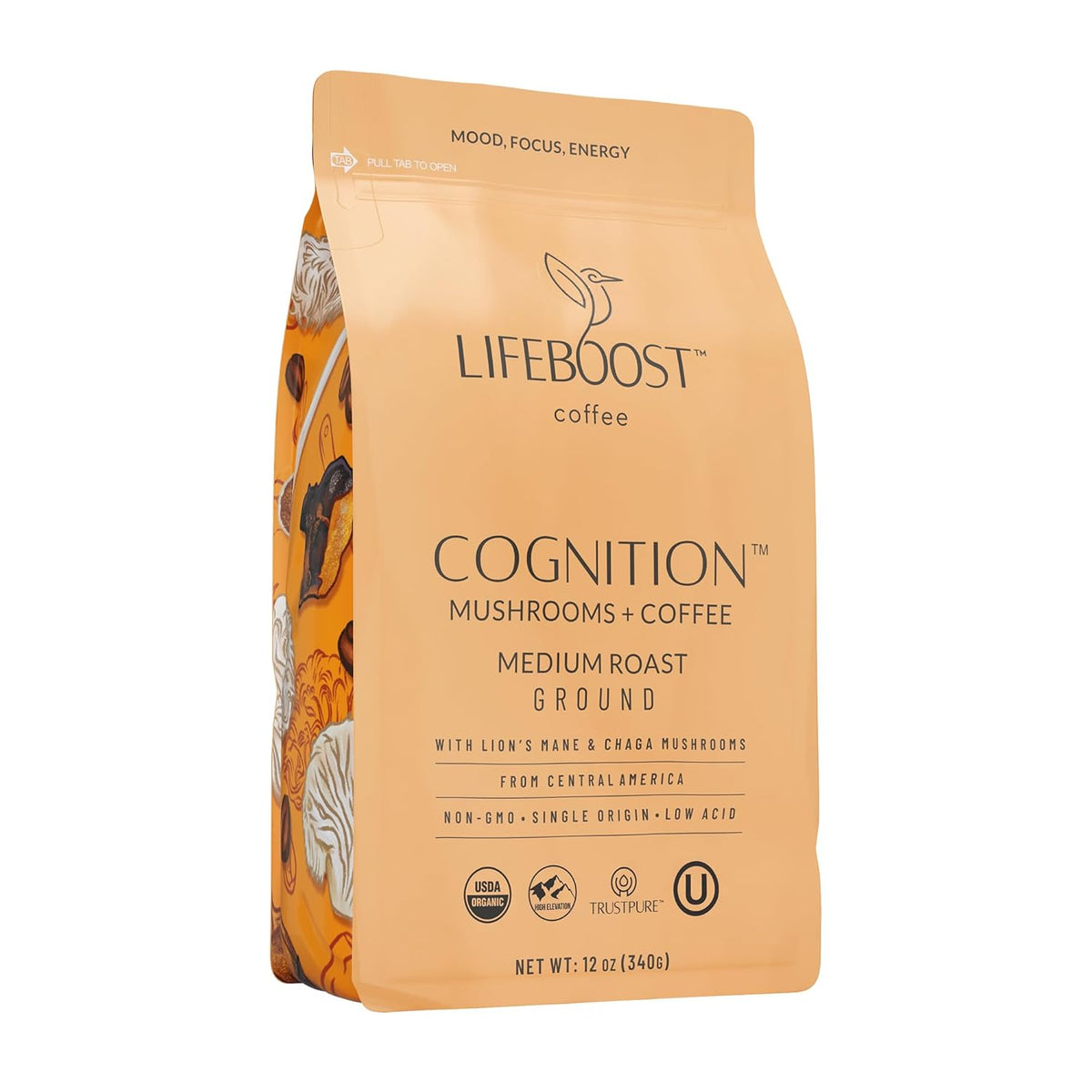 Lifeboost Cognition Adaptogenic Mushroom Coffee - Great Tasting Organic Lions Mane & Chaga Medium Roast Nootropic Coffee - Increase Energy, Boost Focus & Immune Support - 12 oz Bag - Ground