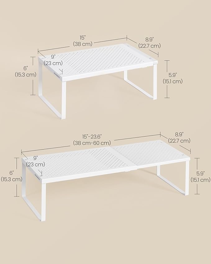SONGMICS Spice Rack, Expandable Kitchen Countertop Shelf, Small Cupboard Organizer, Metal, Space-Saving Tabletop Shelf, Matte White UKCS007W01