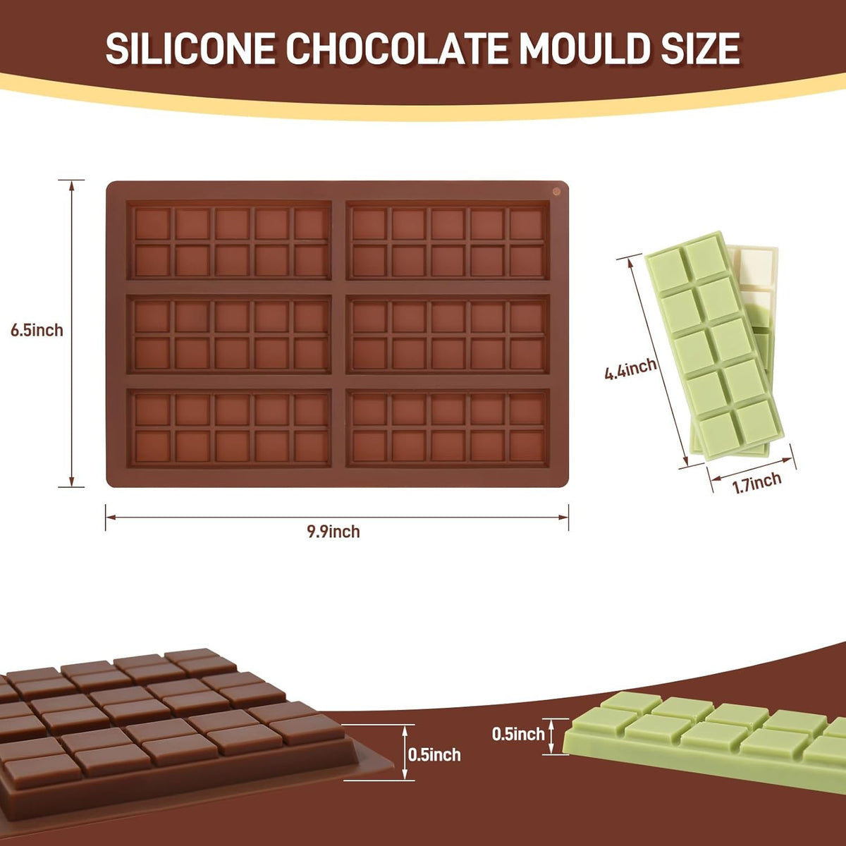 2 Pcs Chocolate Molds Silicone, Deep Chocolate Bar Mold, Non-Stick Food Grade Chocolate Mold for Dubai Chocolate Bar Pistachio, Candy and Chocolate Making - 60 Square Shape
