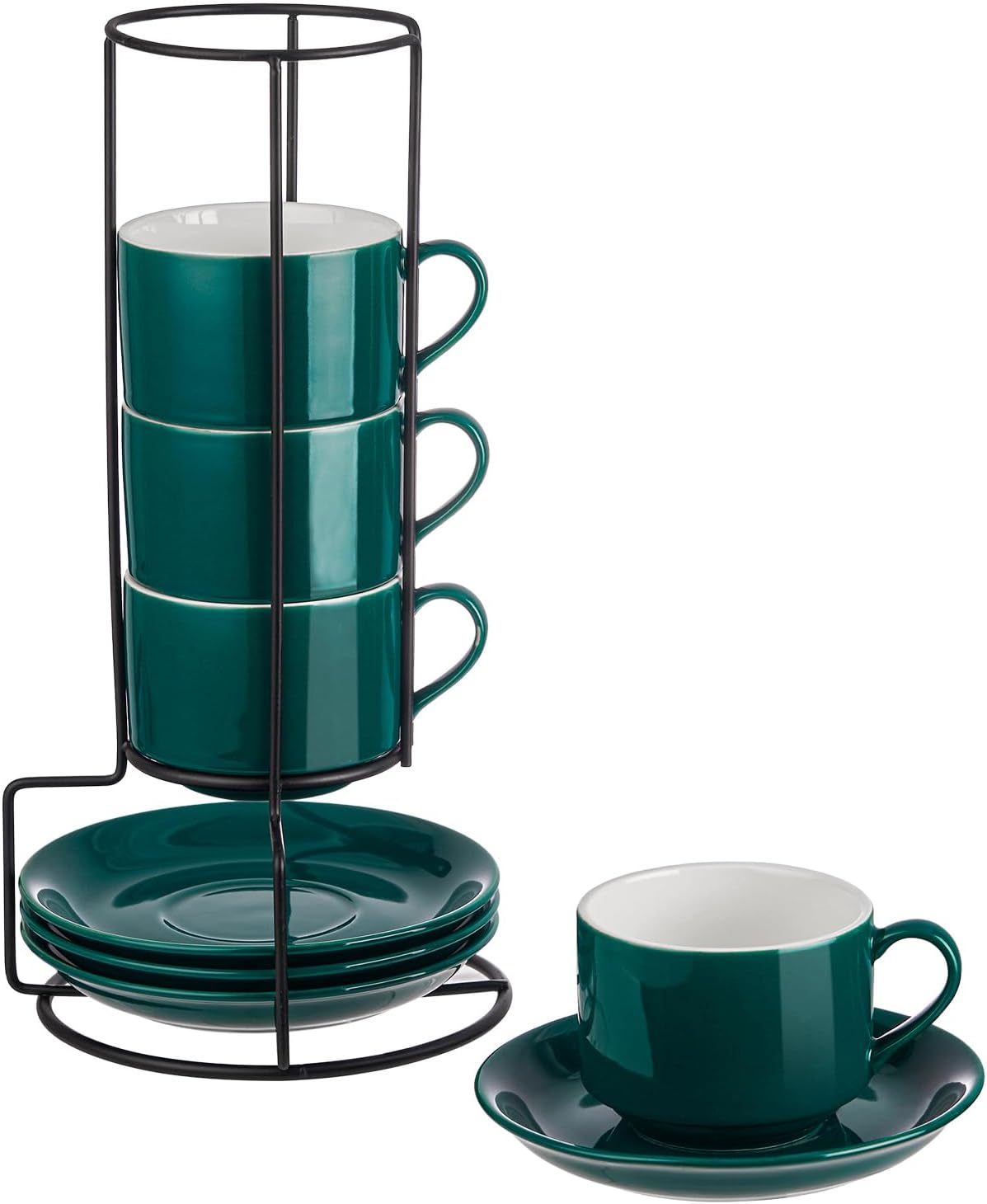 YOLIFE 8oz Porcelain Stackable Cappuccino Cups with Saucers and Metal Stand Set of 4, Coffee cups for Espresso, Specialty Coffee Drinks, Latte, Americano and Tea - Green