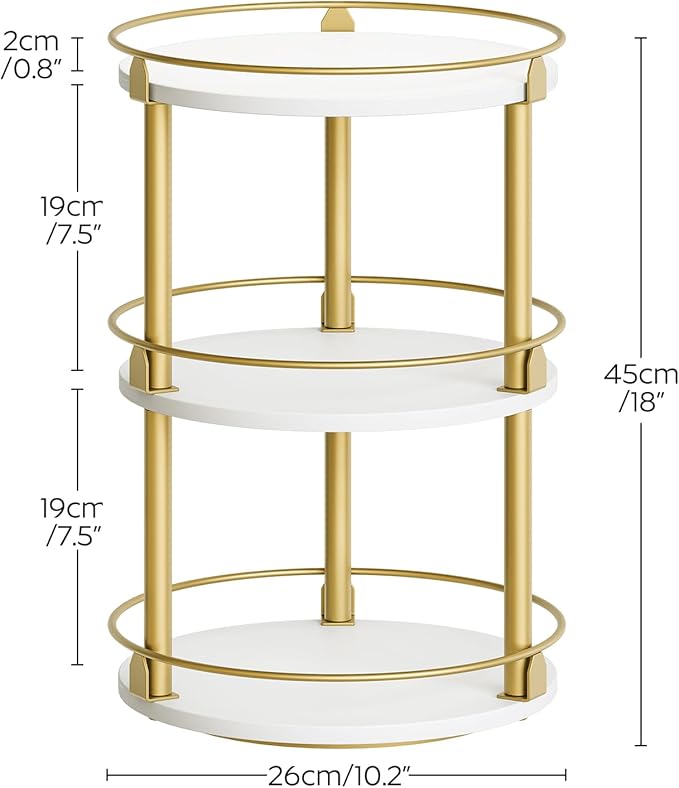 3-Tier Lazy Susan, Rotating Spice Rack, Spinning Organizer, Industrial Turntable Spice Rack for Cabinet, Kitchen Countertop, Pantry, White and Gold SR23DW