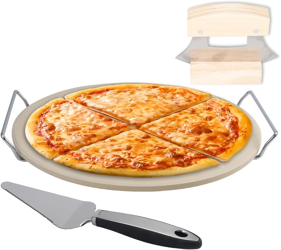 Delux Pizza Stone Set with Pizza Cutter Pizza Server, 13inch Ceramic Baking Stone for Oven and Grill with Metal Handle Rack,Quick Baked n Serving Pizza in Home n Outdoor