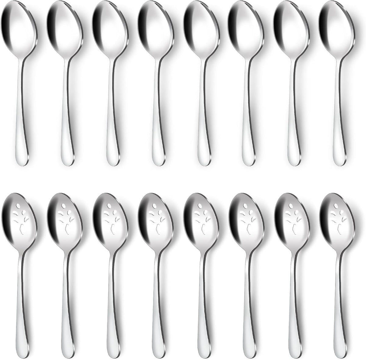 BEWOS 16-Piece Serving Utensils Set, 8 Spoons & 8 Slotted Spoons, 9.1-Inch, Stainless Steel, Dishwasher Safe, Perfect for Parties & Buffets