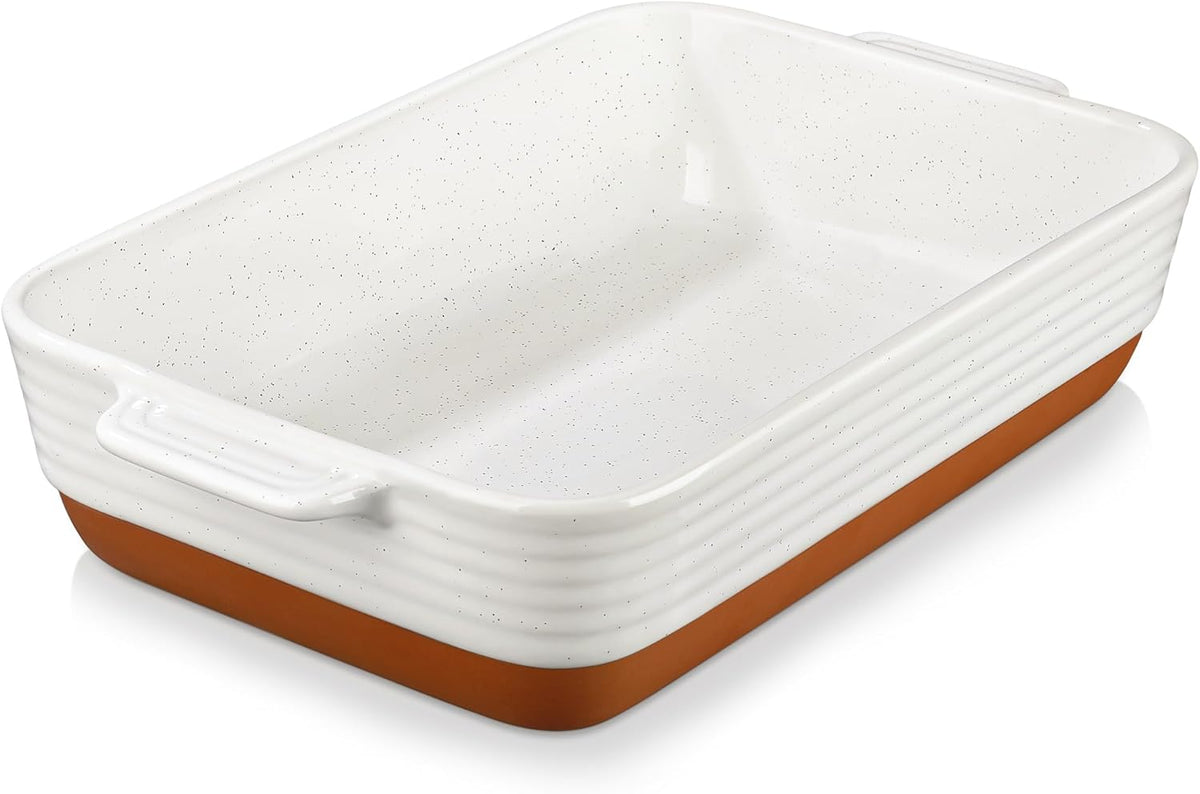 MALACASA Baking Dish 4.8 Qt Ceramic Casserole & Lasagna Pan, 9x13 Inch Deep Rectangular Oven Safe Dish with Handles for Baking, Roasting, Serving (Khaki & White) - Series Tara