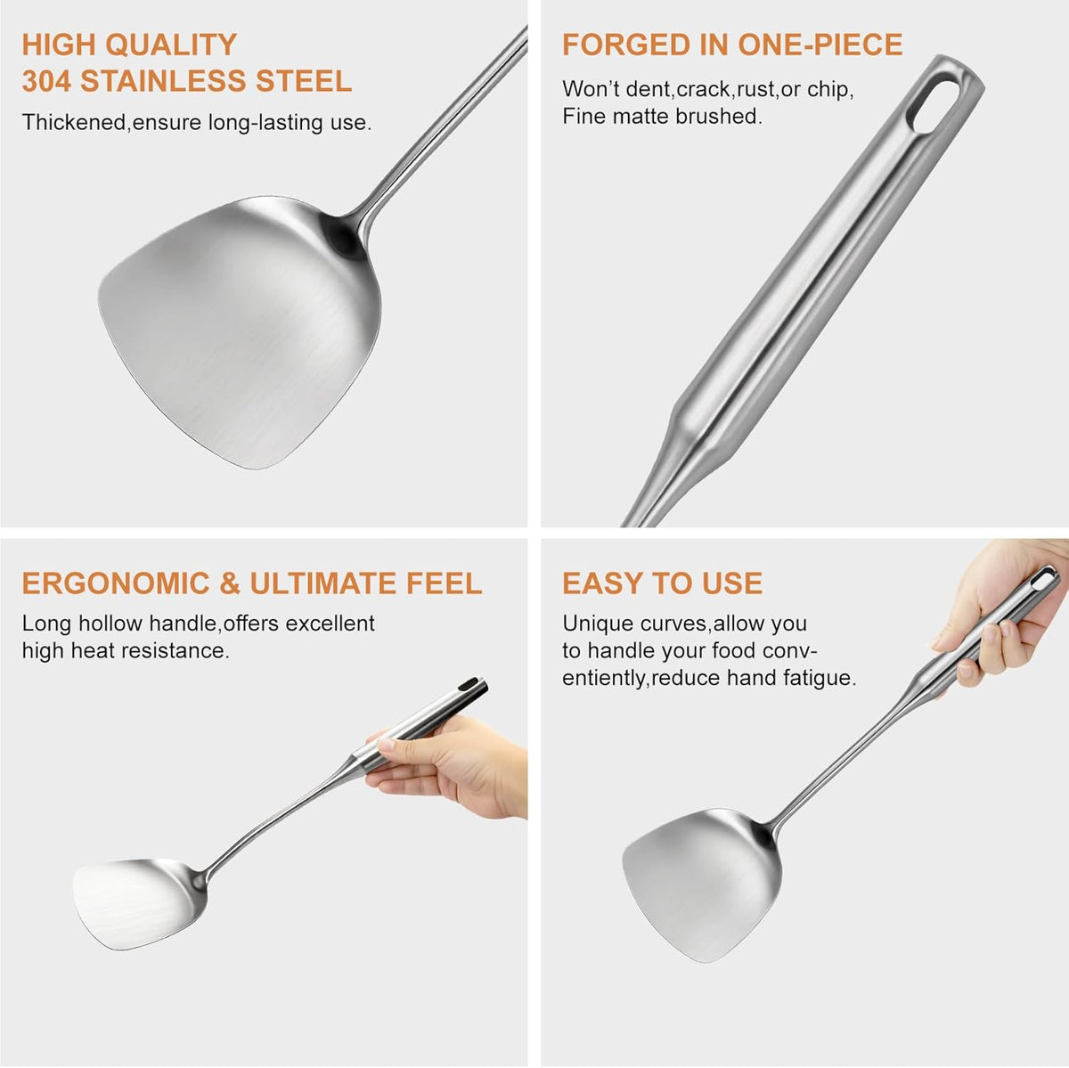 304 Stainlss Steel Kitchen Utensils Set, 2 Pcs Long Metal Utensils Set with spatula, slotted spatula turner (Dishwasher Safe)