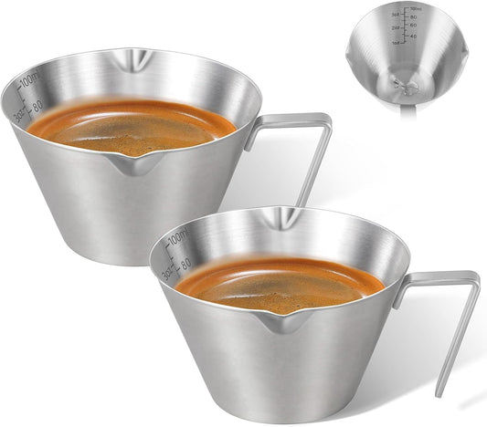 2 Pcs Espresso Cups with Handle, Stainless Steel, Double Spout Metal Measuring Cup with Dual Scale, Espresso Shot Cup with V-Shaped Mouth, 3.4oz/100ml(Silver)