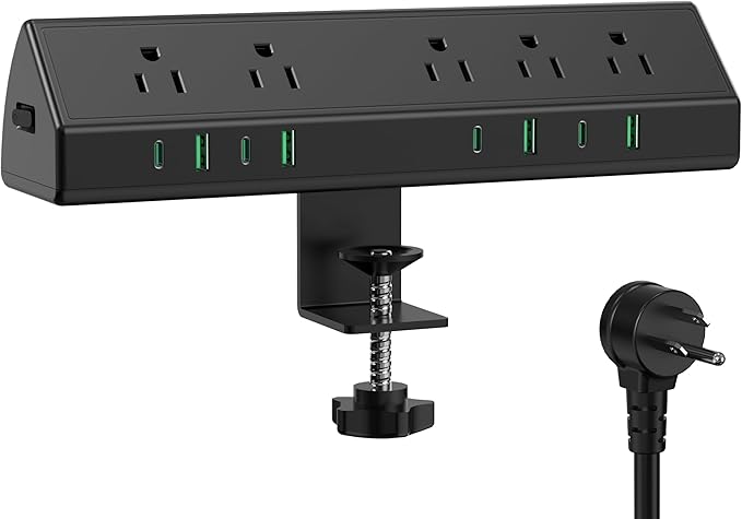 45W Fast Charging Station,Desk Clamp Power Strip,4 PD USB-C Ports,5 AC Outlets,Surge Protector Power Strip, 14AWG Heavy Duty Cord, Fits 1.9" Tabletop Edge (Black, 15 FT Cable)