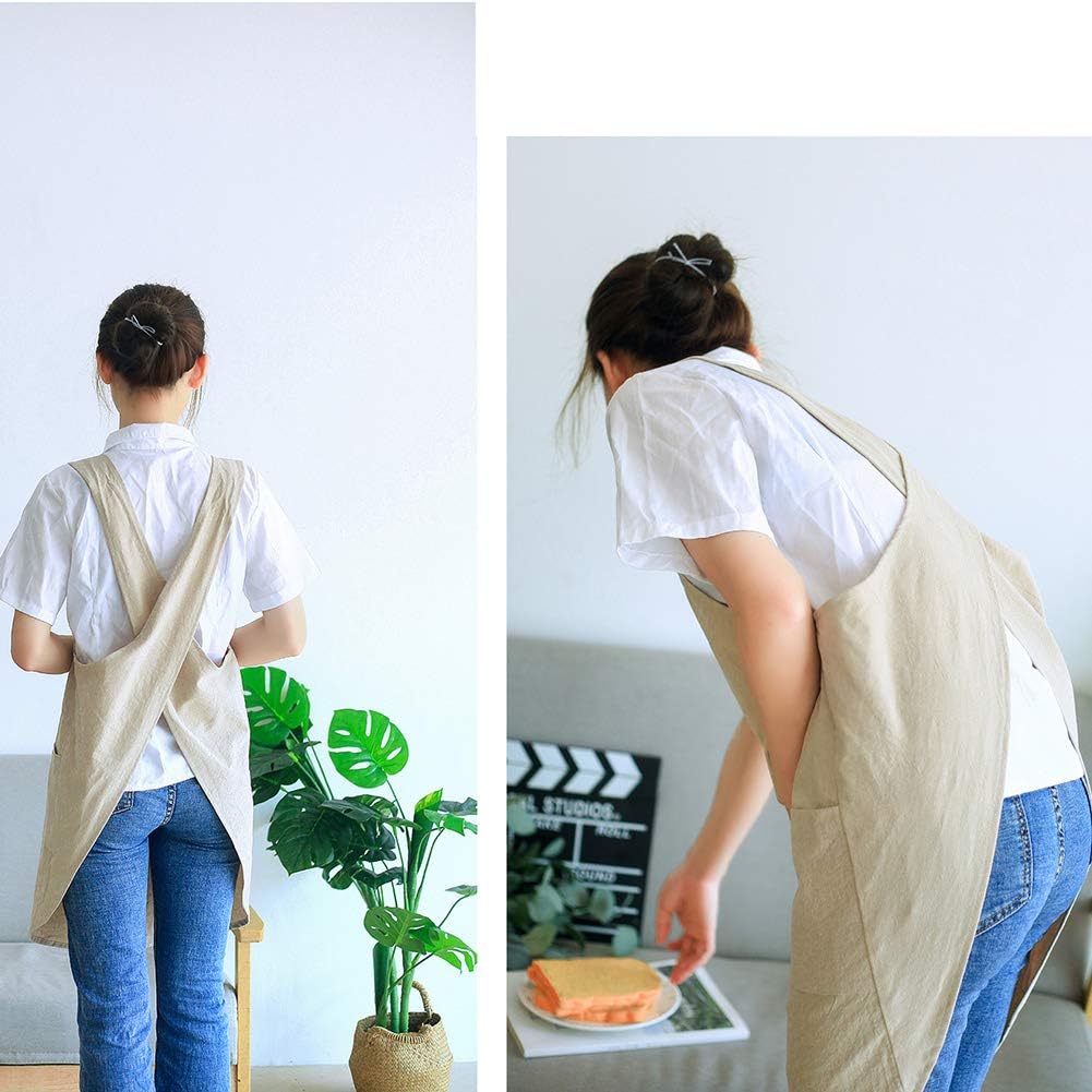 NEWGEM Japanese Linen Cross Back Cooking Aprons for Women Men with Pockets Cute for Baking Kitchen