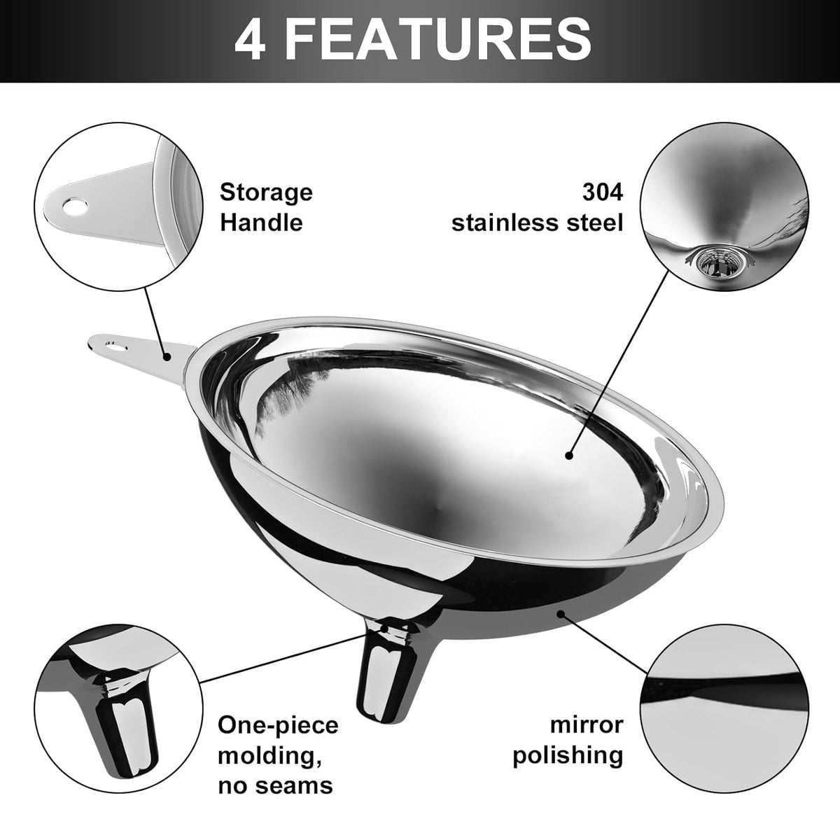 Stainless Steel Large Funnel with Filter (5.7 in. X 0.55 in. Mouth) and 50 Mesh Stainless Steel Food Filter for Bottle, Oil, Juice, Coffee, Honey, Milk