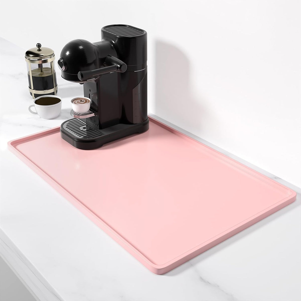 Rnivvi Silicone Coffee Mat, 12" x 19" Waterproof Raised Edge Coffee Bar Mats for Espresso Machine Station Accessories, Heat Resistant Dish Drying Pad for Kitchen Counter, Rubber Bar Decor Pad, Pink