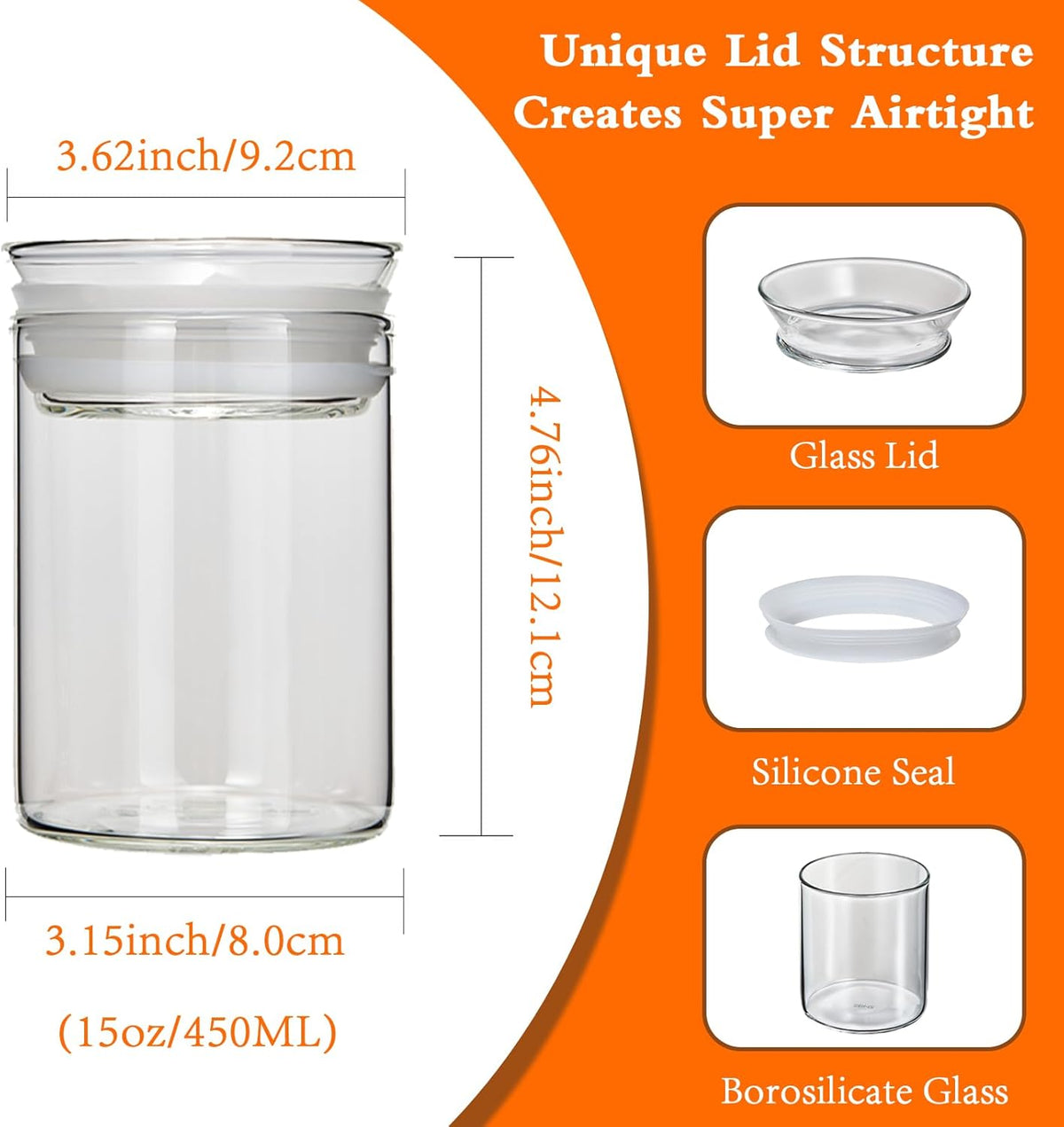 ZENS 15oz Glass Food Storage Jars Set of 3, Clear Glass Canisters with Airtight Lids, Small Container Spice Jars for Kitchen Herbs, Sugar, Blooming Tea, Candy
